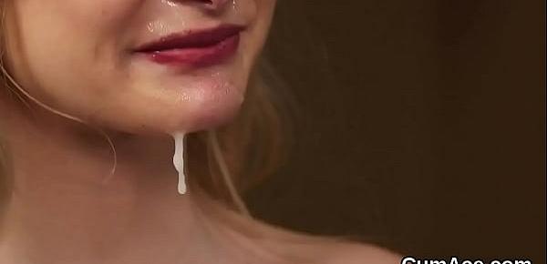  Spicy babe gets cum load on her face gulping all the ejaculate